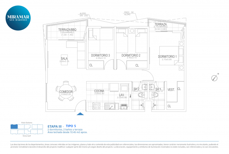 Plano del modelo Tipo 5 del proyecto Miramar Etapa III en San Bartolo
