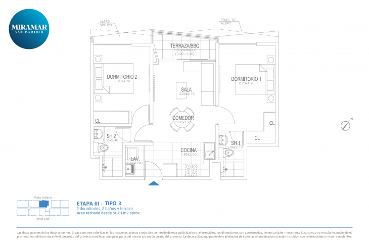 Plano del modelo Tipo 3 del proyecto Miramar Etapa III en San Bartolo