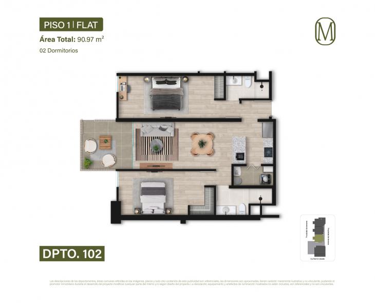 Plano del modelo Tipo 102 del proyecto Monogram en Miraflores