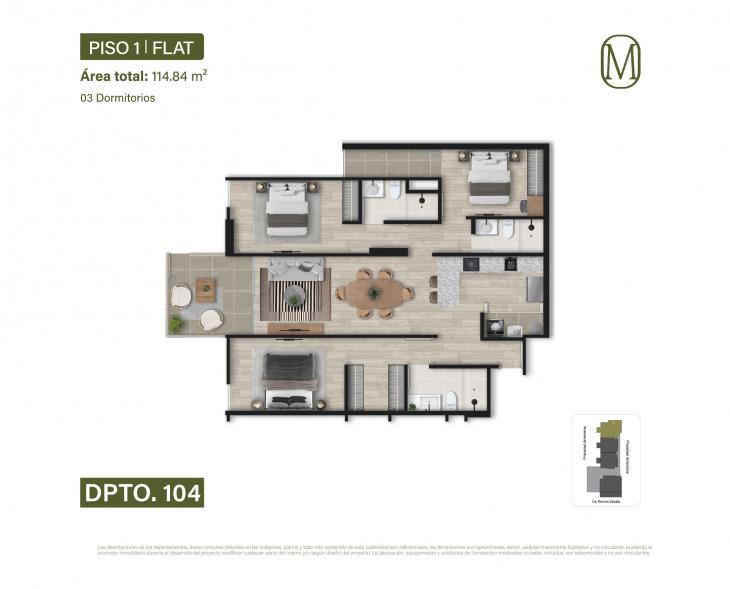 Plano del modelo Tipo 104 del proyecto Monogram en Miraflores
