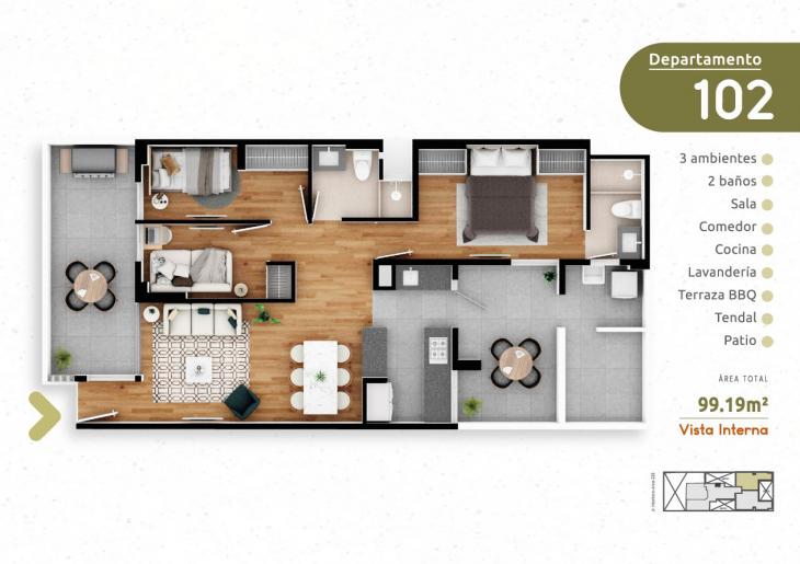 Plano del modelo DPTO 102 del proyecto HOMELY en Pueblo Libre