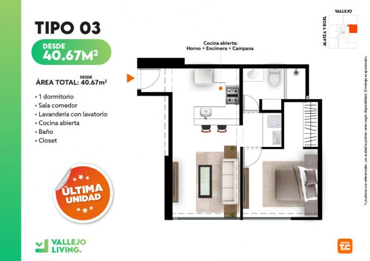 Plano del modelo TIPO 3 del proyecto VALLEJO LIVING en Lince