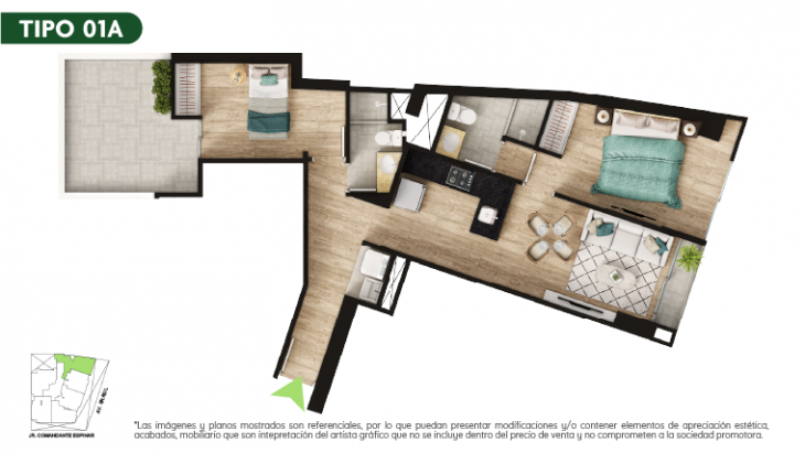 Plano del modelo TIPO 1A del proyecto Malena Family Apartments en Magdalena Del Mar