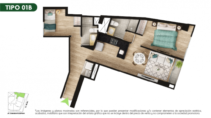 Plano del modelo TIPO 1B del proyecto Malena Family Apartments en Magdalena Del Mar