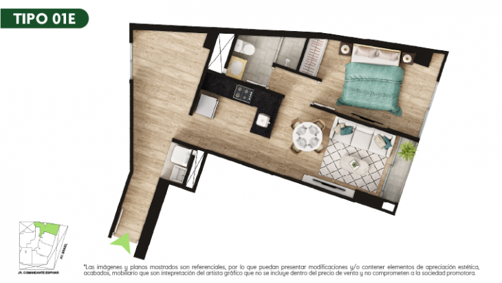 Plano del modelo TIPO 1E del proyecto Malena Family Apartments en Magdalena Del Mar