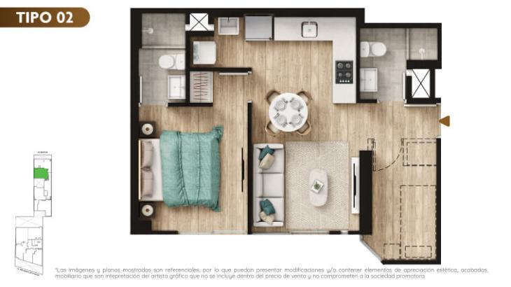 Plano del modelo TIPO 2 del proyecto Urban Mood Apartments en Barranco