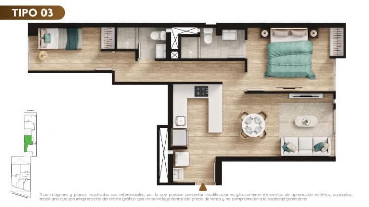Plano del modelo TIPO 3 del proyecto Urban Mood Apartments en Barranco