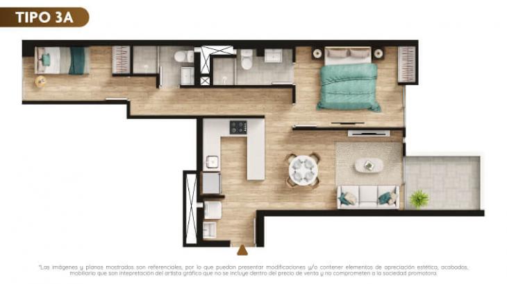Plano del modelo TIPO 3A del proyecto Urban Mood Apartments en Barranco
