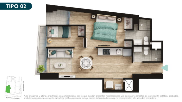 Plano del modelo Tipo 2 del proyecto SQ2 Work & Living Apartments en Surquillo