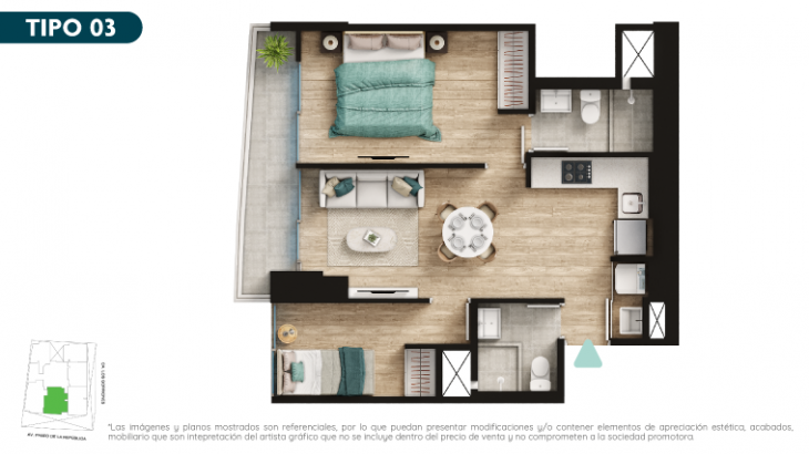 Plano del modelo Tipo 3 del proyecto SQ2 Work & Living Apartments en Surquillo