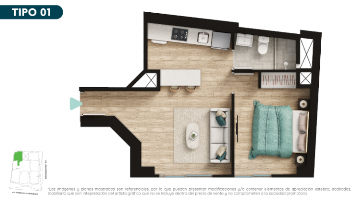 Plano del modelo Tipo 1 del proyecto SQ2 Work & Living Apartments en Surquillo