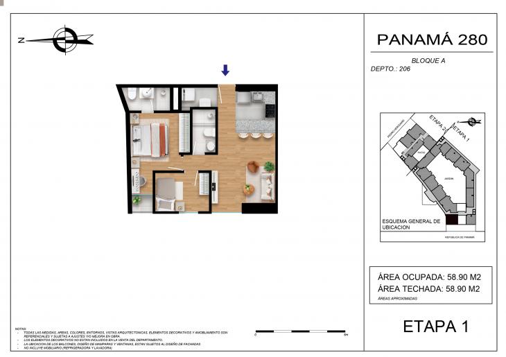 Plano del modelo BLOQUE A - 206 del proyecto Residencial Panamá 280 en Barranco