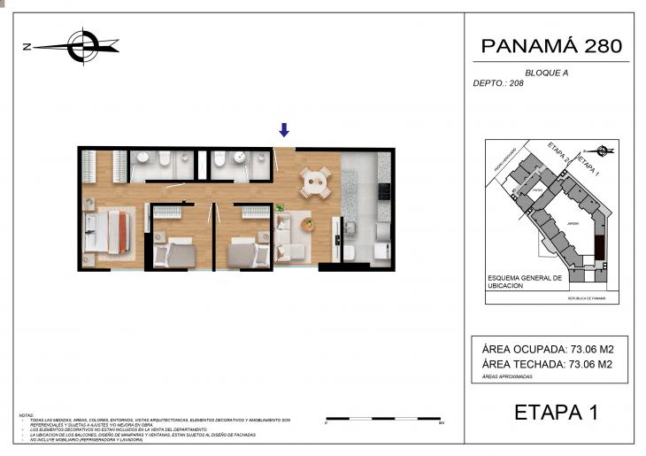 Plano del modelo BLOQUE A - 208 del proyecto Residencial Panamá 280 en Barranco