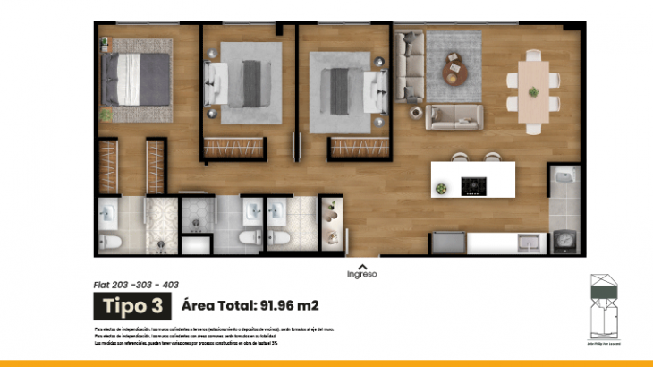 Plano del modelo Tipo 3 del proyecto VON LEONARD en San Borja