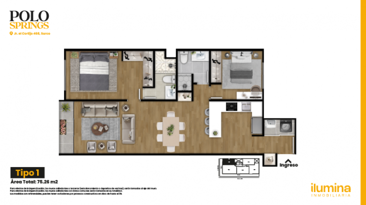 Plano del modelo Tipo 1 del proyecto Polo Springs en Santiago De Surco