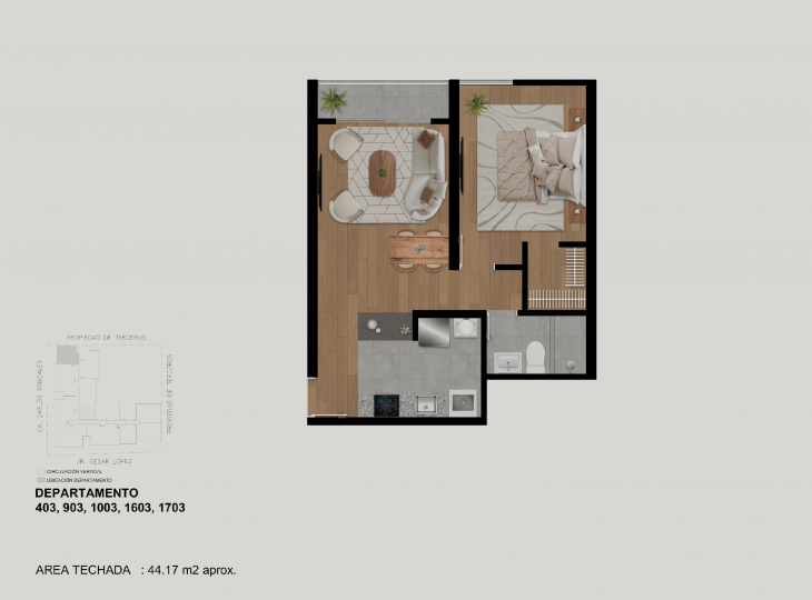 Plano del modelo 1D+K del proyecto Concepto Family Too en San Miguel