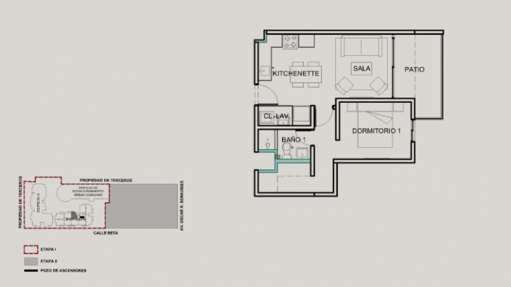 Plano del modelo 1D+K del proyecto Alto Metro Park en Callao