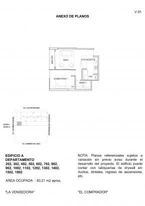Plano del modelo 1.5 Dormitorio + Kitchenette del proyecto Concepto Unity Park - Etapa 2 en Santiago De Surco