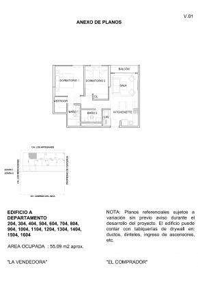Plano del modelo 2 Dormitorios + Kitchenette (Mariposa) del proyecto Concepto Unity Park - Etapa 2 en Santiago De Surco
