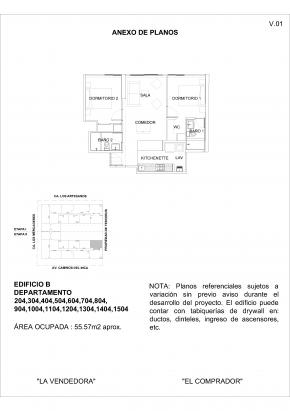 Plano del modelo 2 Dormitorios + Kitchenette (Mariposa) del proyecto Concepto Unity Park - Etapa 2 en Santiago De Surco