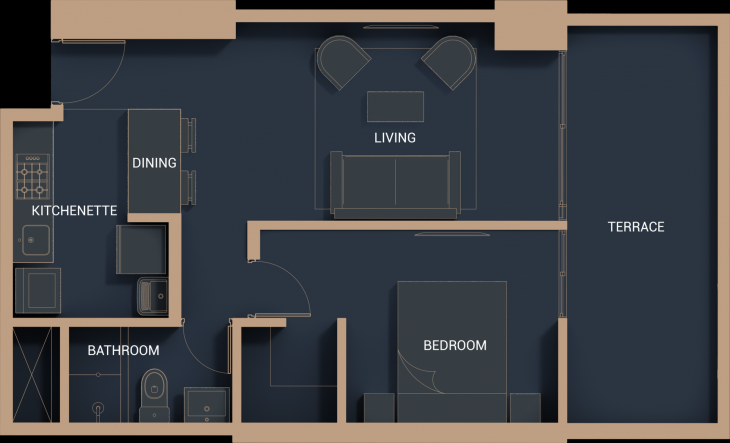 Plano del modelo 1D+K del proyecto THE NEW YORK TOWER en Surquillo
