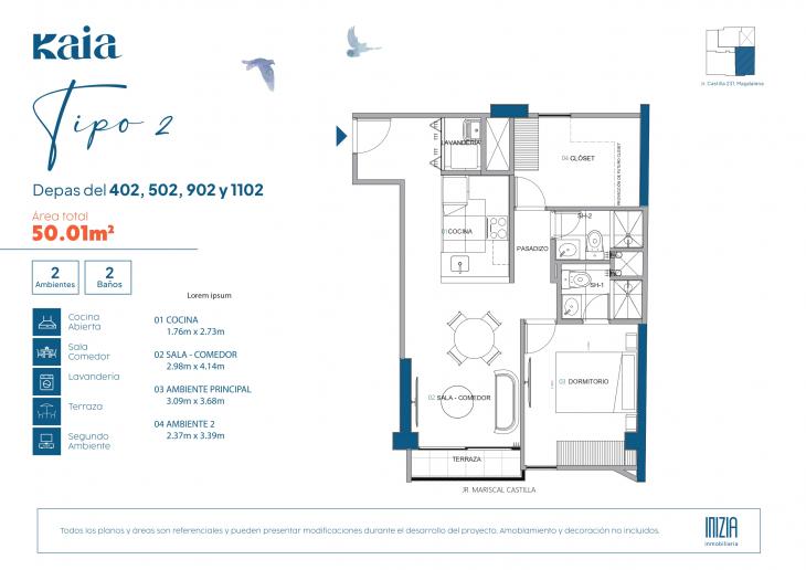 Plano del modelo TIPO 2 del proyecto KAIA en Magdalena Del Mar