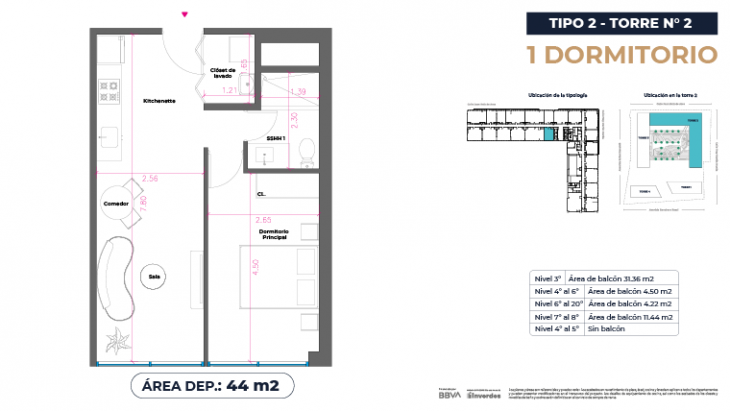 Plano del modelo Tipo 2 - 44m2 del proyecto Marina City Center Torre 2 en San Miguel