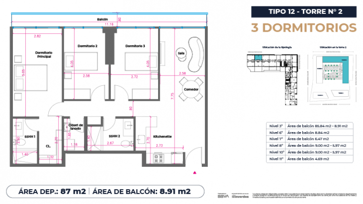 Plano del modelo Tipo 12 - 87m2 del proyecto Marina City Center Torre 2 en San Miguel