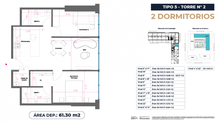 Plano del modelo Tipo 5 - 61.30m2 del proyecto Marina City Center Torre 2 en San Miguel