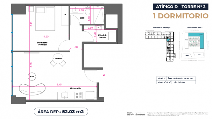 Plano del modelo Atípicos1D - 52.03m2 del proyecto Marina City Center Torre 2 en San Miguel