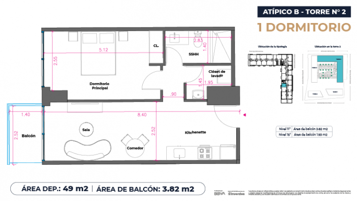 Plano del modelo Atípicos1D - 49m2 del proyecto Marina City Center Torre 2 en San Miguel
