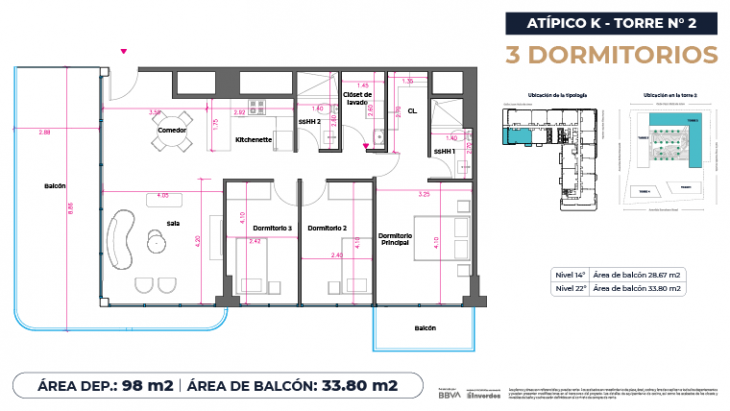 Plano del modelo Atípicos3D - 98m2 del proyecto Marina City Center Torre 2 en San Miguel