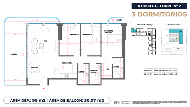 Plano del modelo Atípicos3D - 96m2 del proyecto Marina City Center Torre 2 en San Miguel