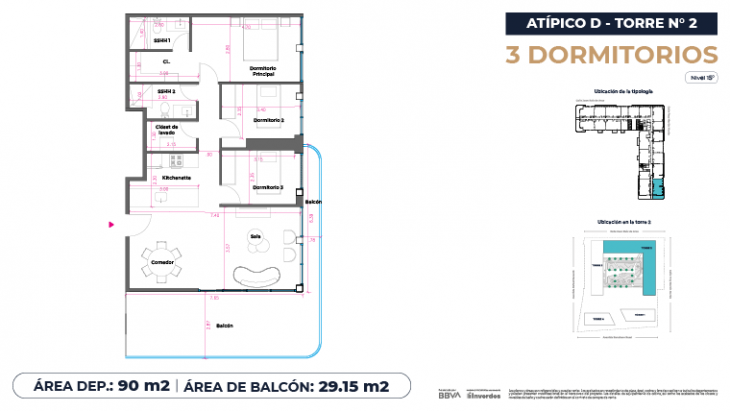 Plano del modelo Atípicos3D - 90m2 del proyecto Marina City Center Torre 2 en San Miguel