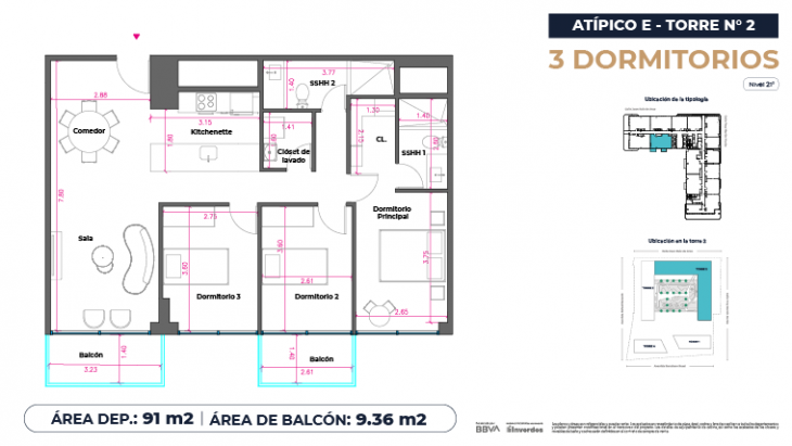 Plano del modelo Atípicos3D - 91m2 del proyecto Marina City Center Torre 2 en San Miguel