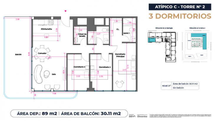 Plano del modelo Atípicos3D - 89m2 del proyecto Marina City Center Torre 2 en San Miguel