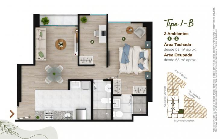 Plano del modelo TIPO - 1B del proyecto Condominio Villalegre en Santiago De Surco