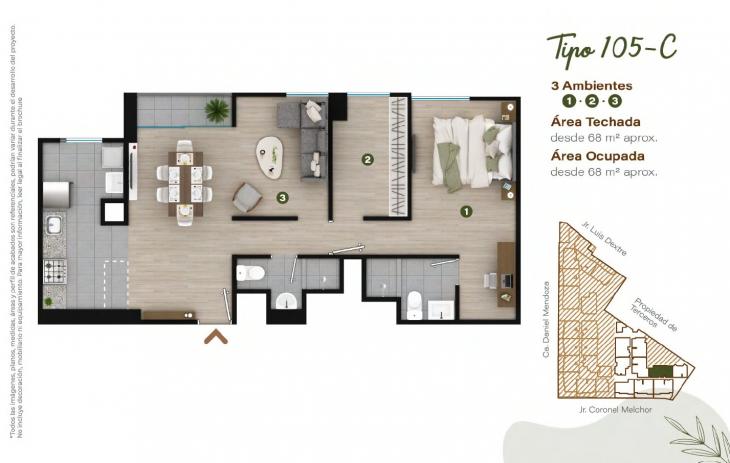 Plano del modelo TIPO - 105C del proyecto Condominio Villalegre en Santiago De Surco