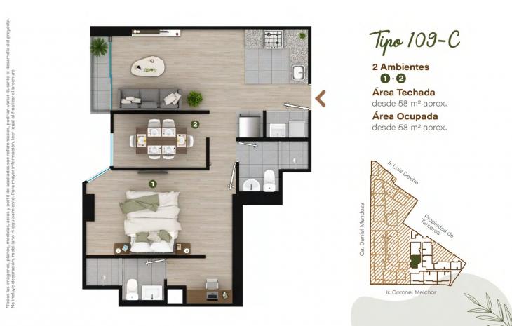 Plano del modelo TIPO - 109C del proyecto Condominio Villalegre en Santiago De Surco