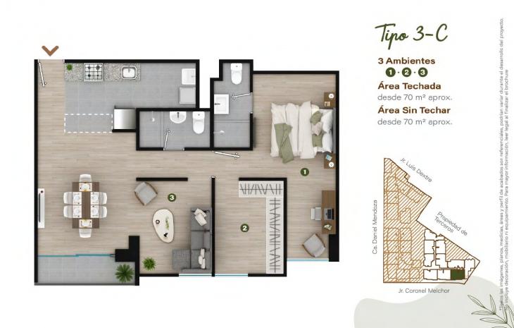 Plano del modelo TIPO - 3C del proyecto Condominio Villalegre en Santiago De Surco