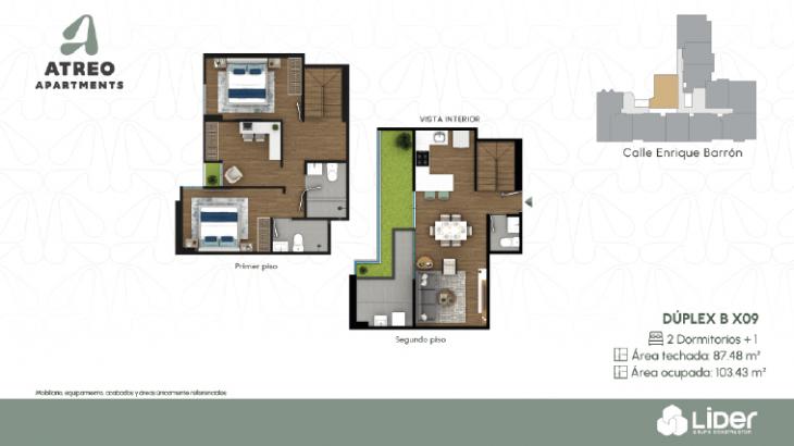 Plano del modelo 2D+1 Duplex BX09 del proyecto Atreo Apartments en Barranco