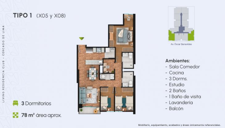 Plano del modelo X08 del proyecto Living Residencia Club en Cercado De Lima