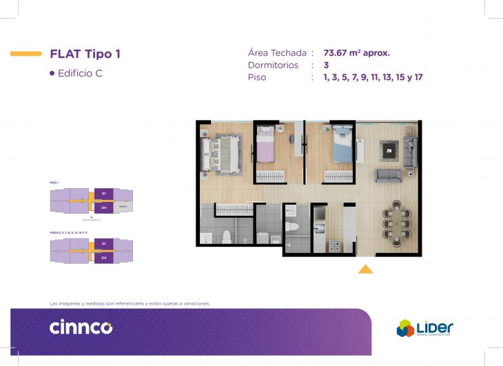 Plano del modelo TIPO 1 del proyecto CINNCO MAMBO ETAPA III en Comas