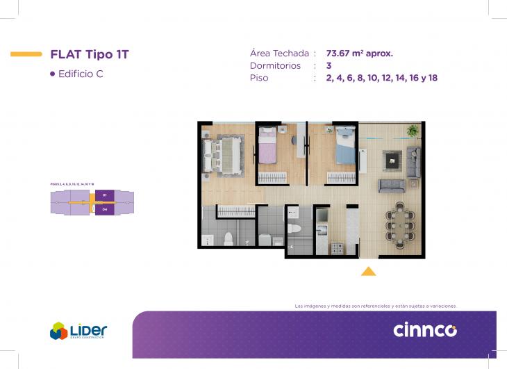 Plano del modelo TIPO 1T del proyecto CINNCO MAMBO ETAPA III en Comas