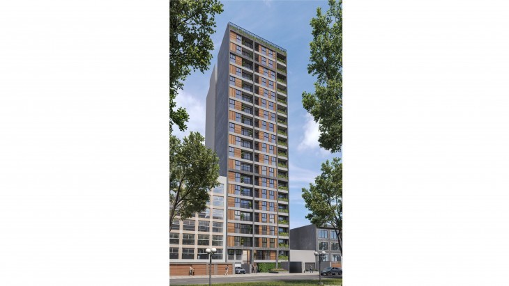 Fachada principal del proyecto Live Apts en San Miguel