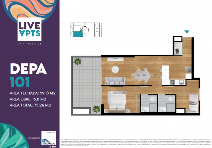 Plano del modelo Tipo 101 del proyecto Live Apts en San Miguel