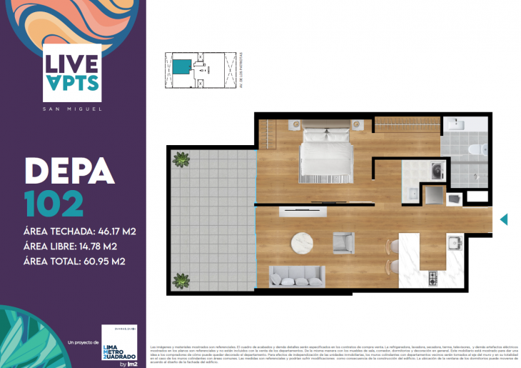 Plano del modelo Tipo 102 del proyecto Live Apts en San Miguel