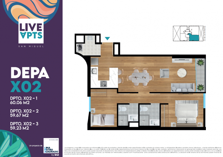 Plano del modelo Tipo X02-1 del proyecto Live Apts en San Miguel