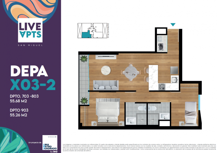 Plano del modelo Tipo X03-2 del proyecto Live Apts en San Miguel