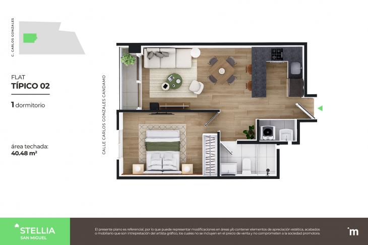 Plano del modelo Flat Típico 02 del proyecto Stellia en San Miguel